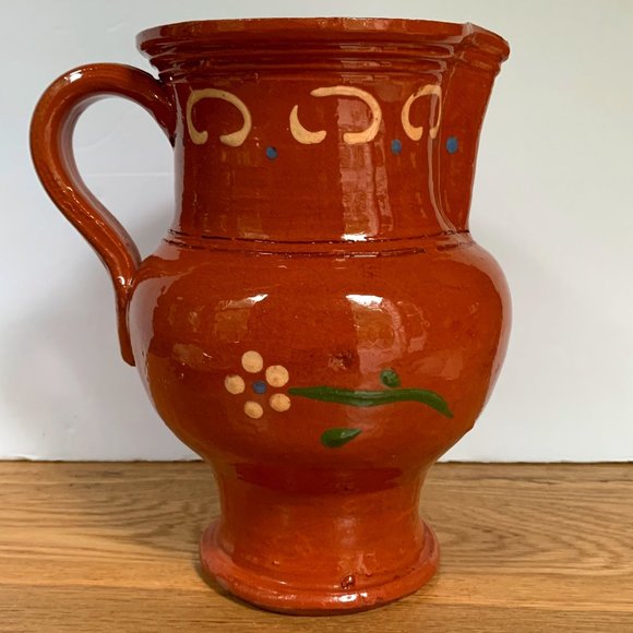 VTG Terracotta Pitcher Hand Painted Sangria Rustic Vase Wine Water Jug Folk Art - Picture 1 of 8
